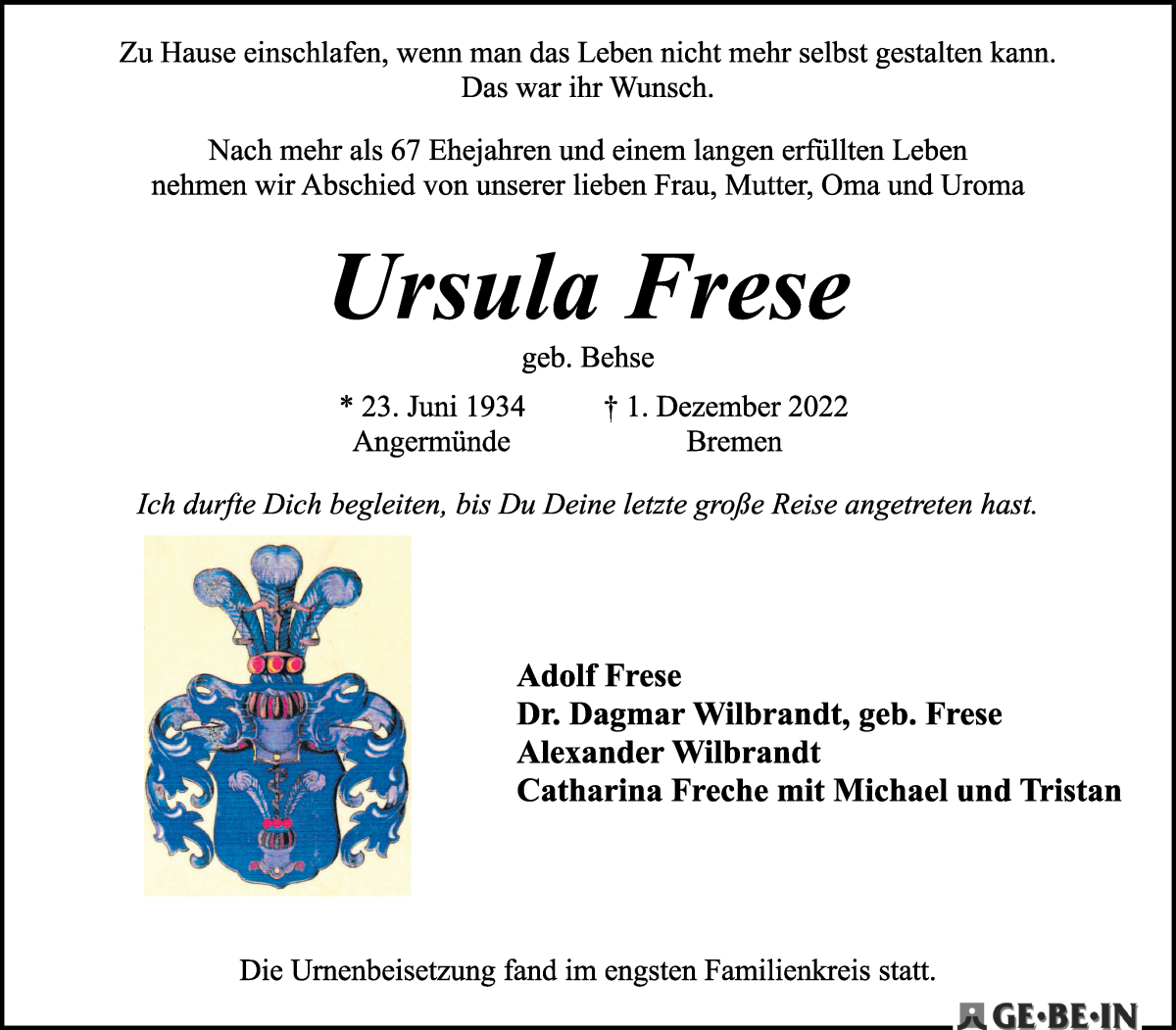 Traueranzeigen Von Ursula Frese Trauer Gedenken