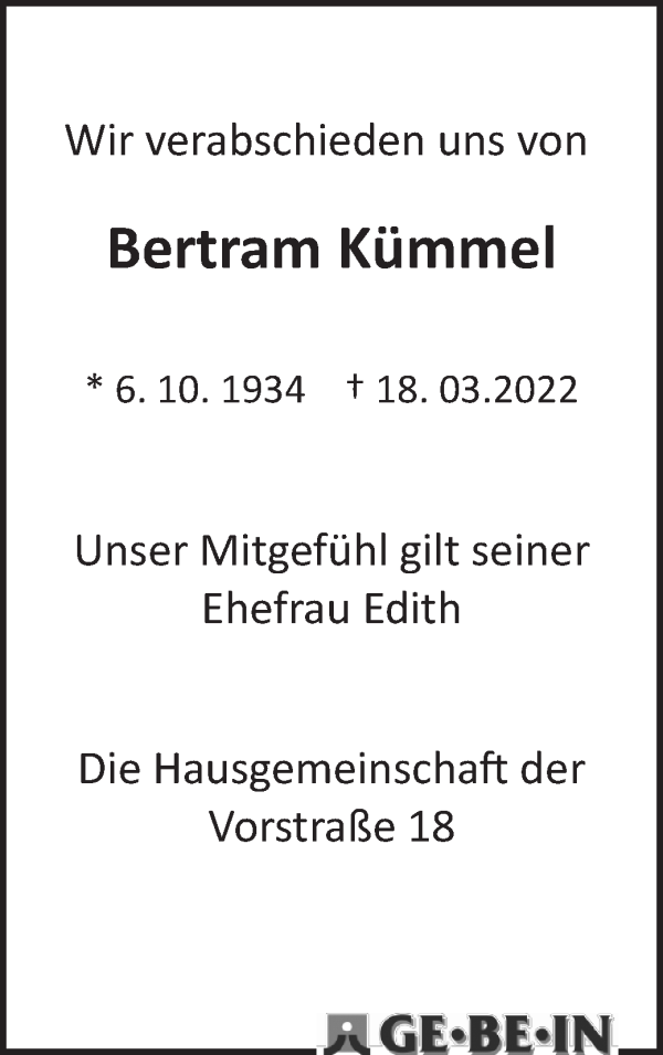 Traueranzeigen von Bertram Kümmel Trauer Gedenken