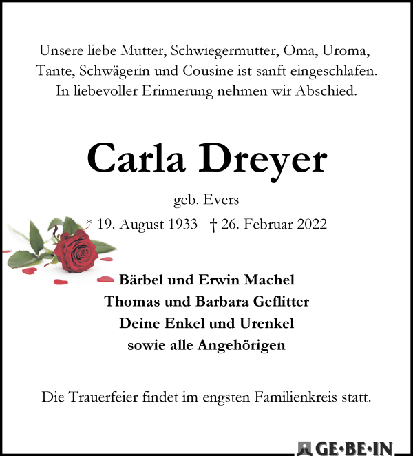 Traueranzeigen Von Carla Dreyer Trauer Gedenken