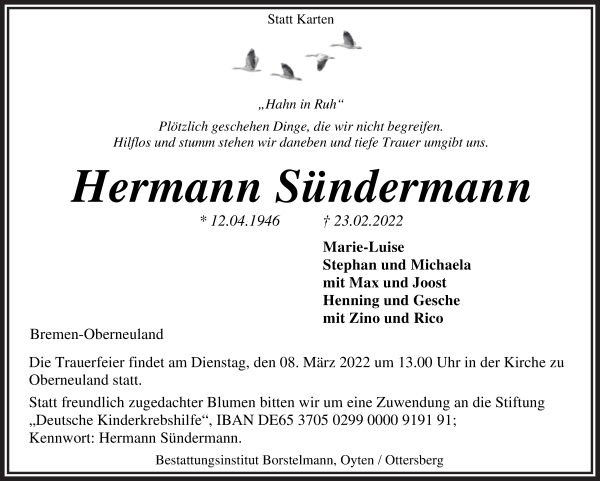 Traueranzeigen von Hermann Sündermann Trauer Gedenken