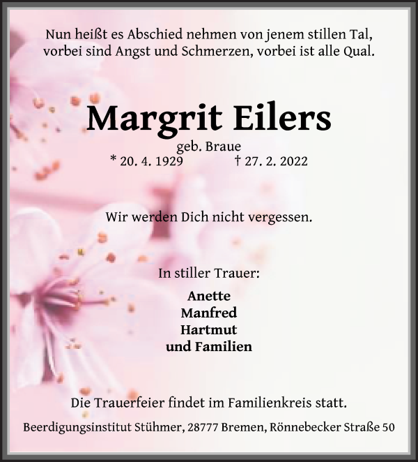 Traueranzeigen Von Margrit Eilers Trauer Gedenken