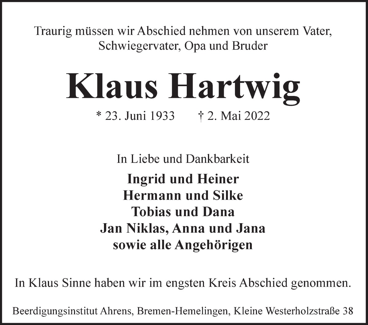Traueranzeige von Klaus Hartwig von WESER-KURIER