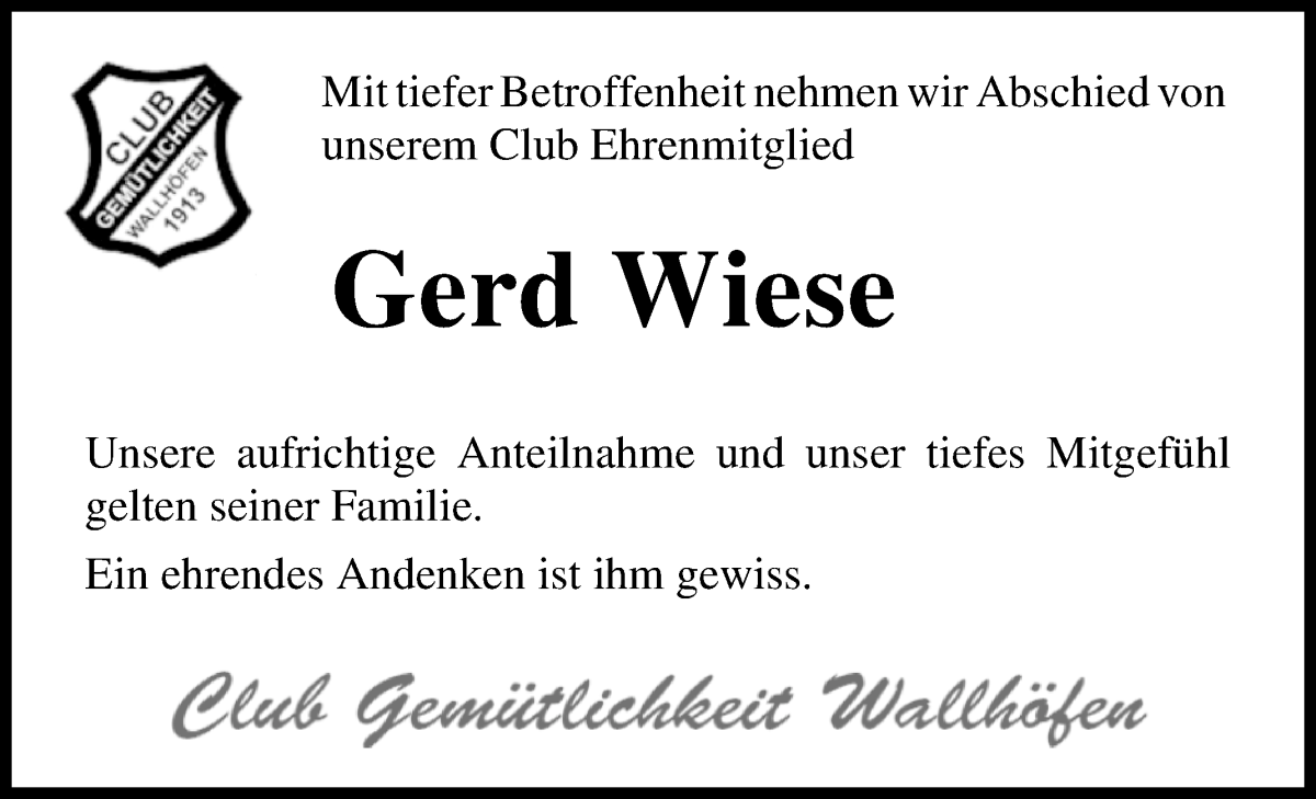 Traueranzeigen Von Gerhard Wiese Trauer Gedenken