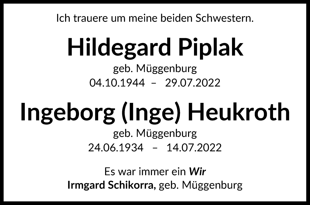 Traueranzeige von Hildegard und Ingeborg  von WESER-KURIER