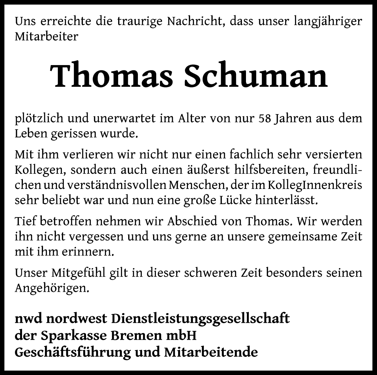Traueranzeige von Thomas Schumann von WESER-KURIER
