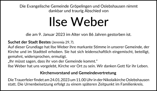 Traueranzeigen Von Ilse Weber Trauer Gedenken