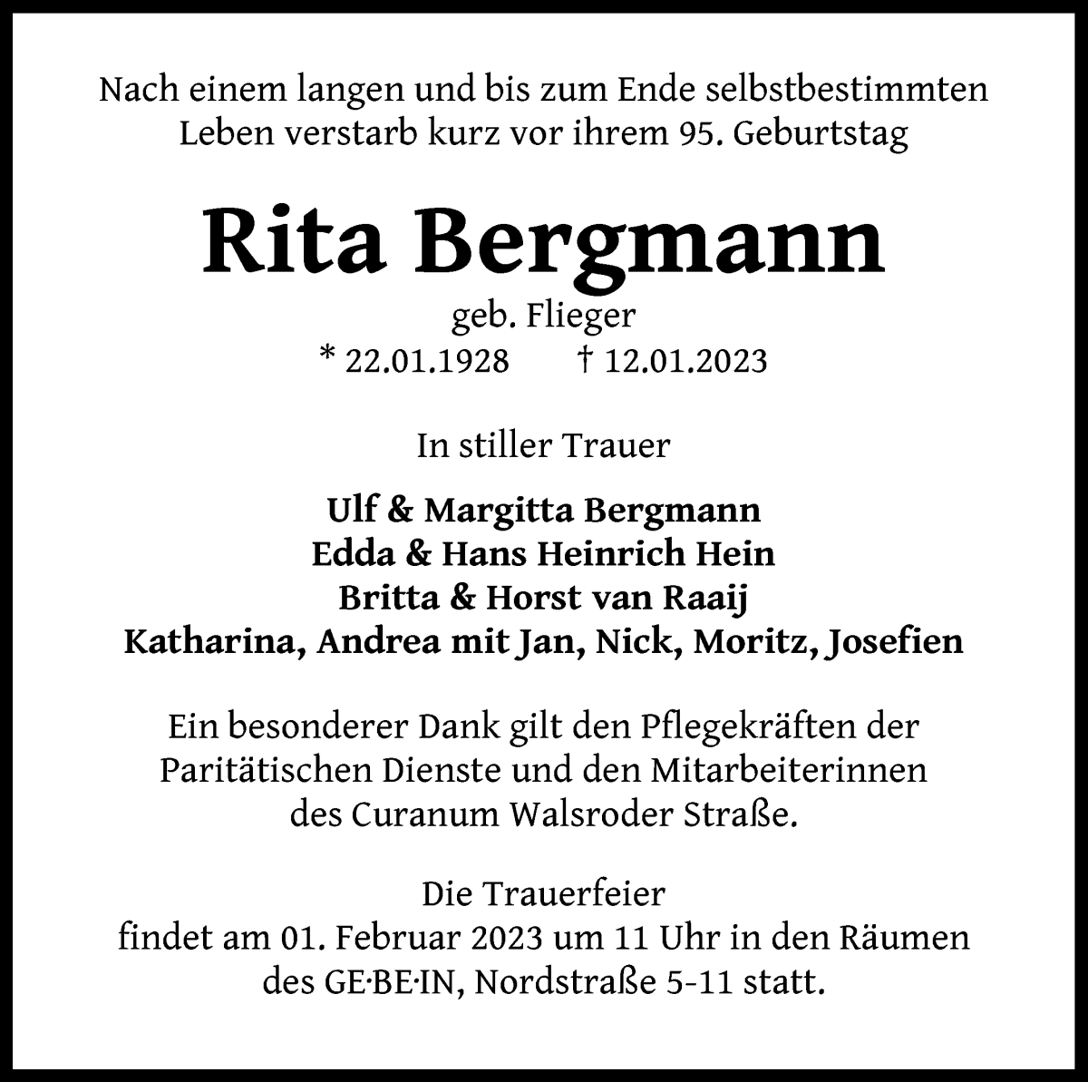 Traueranzeigen Von Rita Bergmann Trauer Gedenken