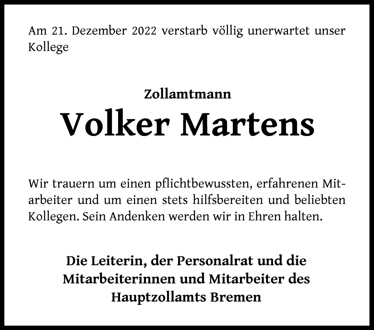 Traueranzeige von Volker Martens von WESER-KURIER