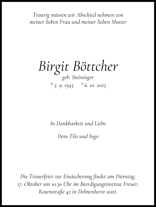 Traueranzeigen von Birgit Böttcher Trauer Gedenken