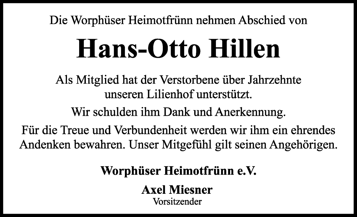 Traueranzeige von Hans Otto Hillen von Wuemme Zeitung