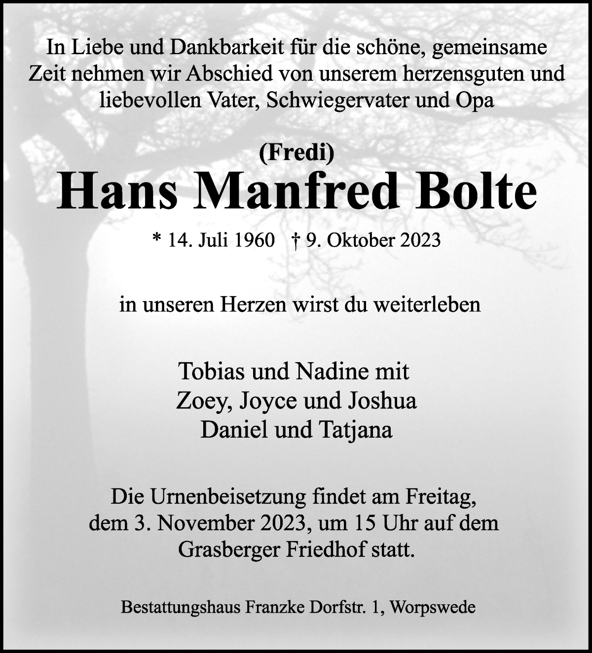 Traueranzeige von Hans Manfred Bolte von Wuemme Zeitung