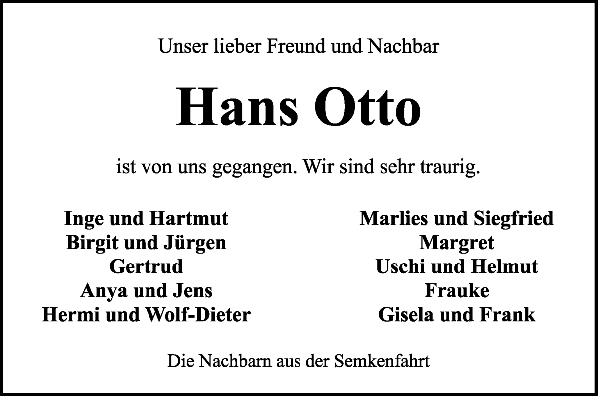 Traueranzeige von Hans Otto Hillen von Wuemme Zeitung