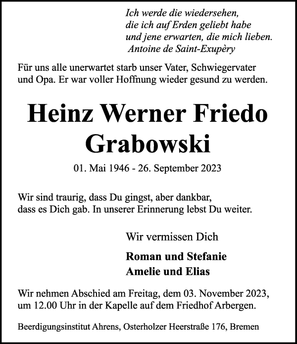 Traueranzeigen Von Heinz Werner Friedo Grabowski Trauer Gedenken