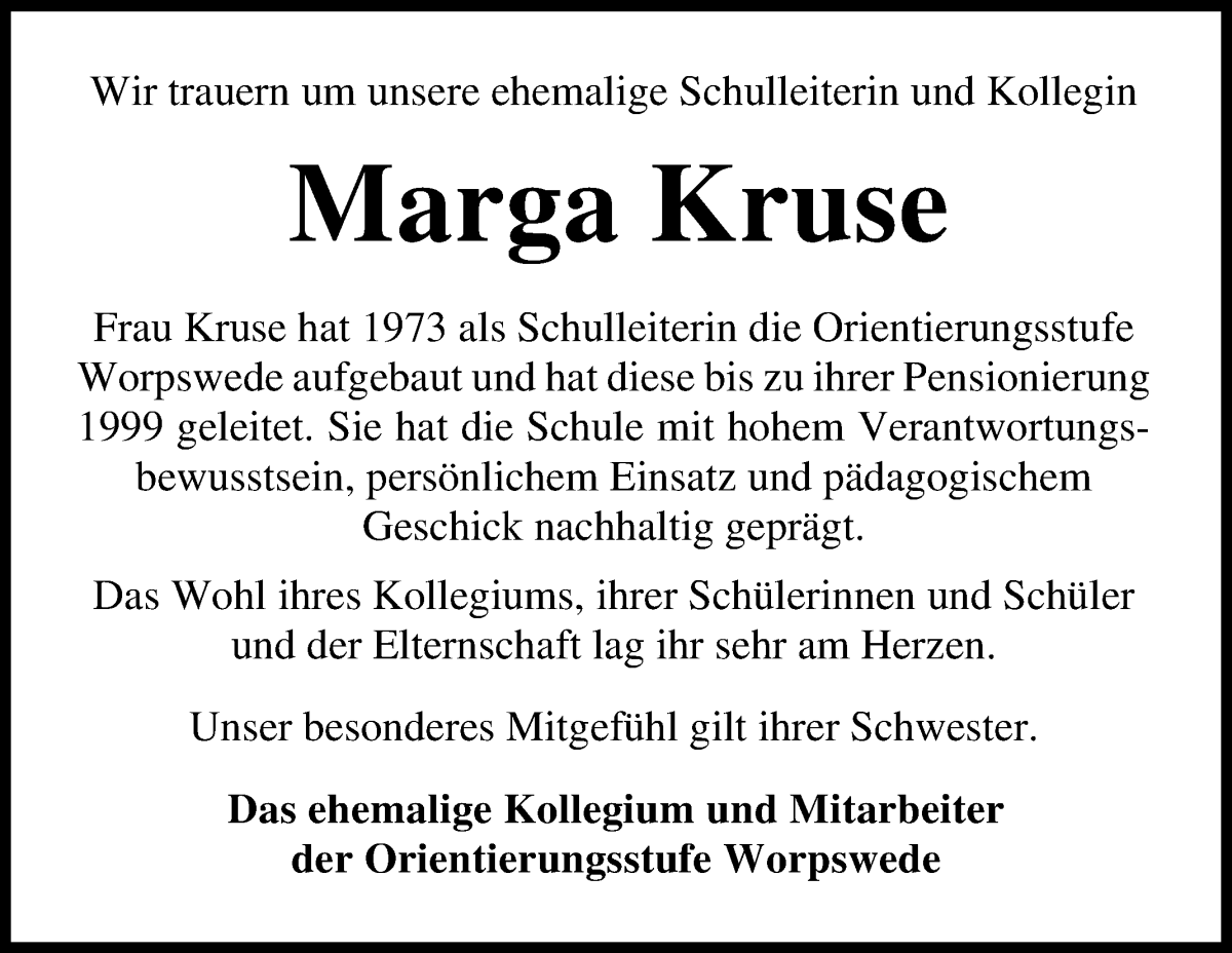Traueranzeige von Marga Kruse von Wuemme Zeitung