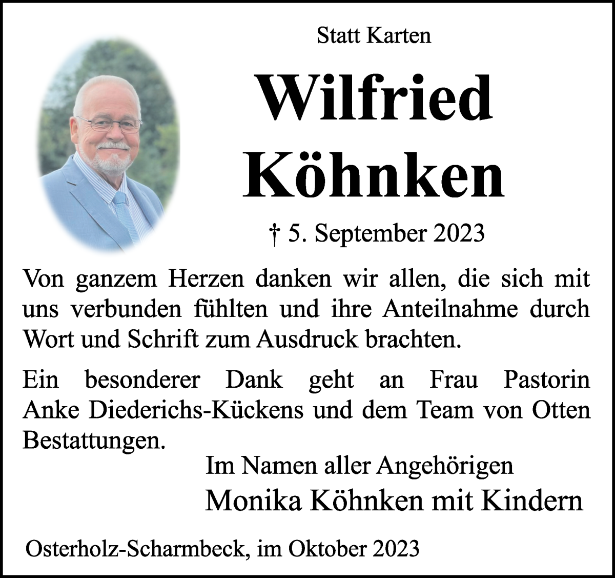 Traueranzeigen von Wilfried Köhnken Trauer Gedenken