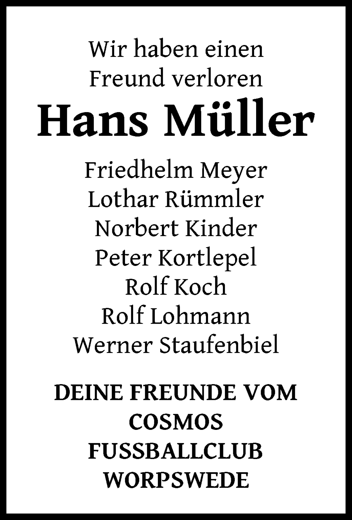 Traueranzeige von Hans Müller von WESER-KURIER