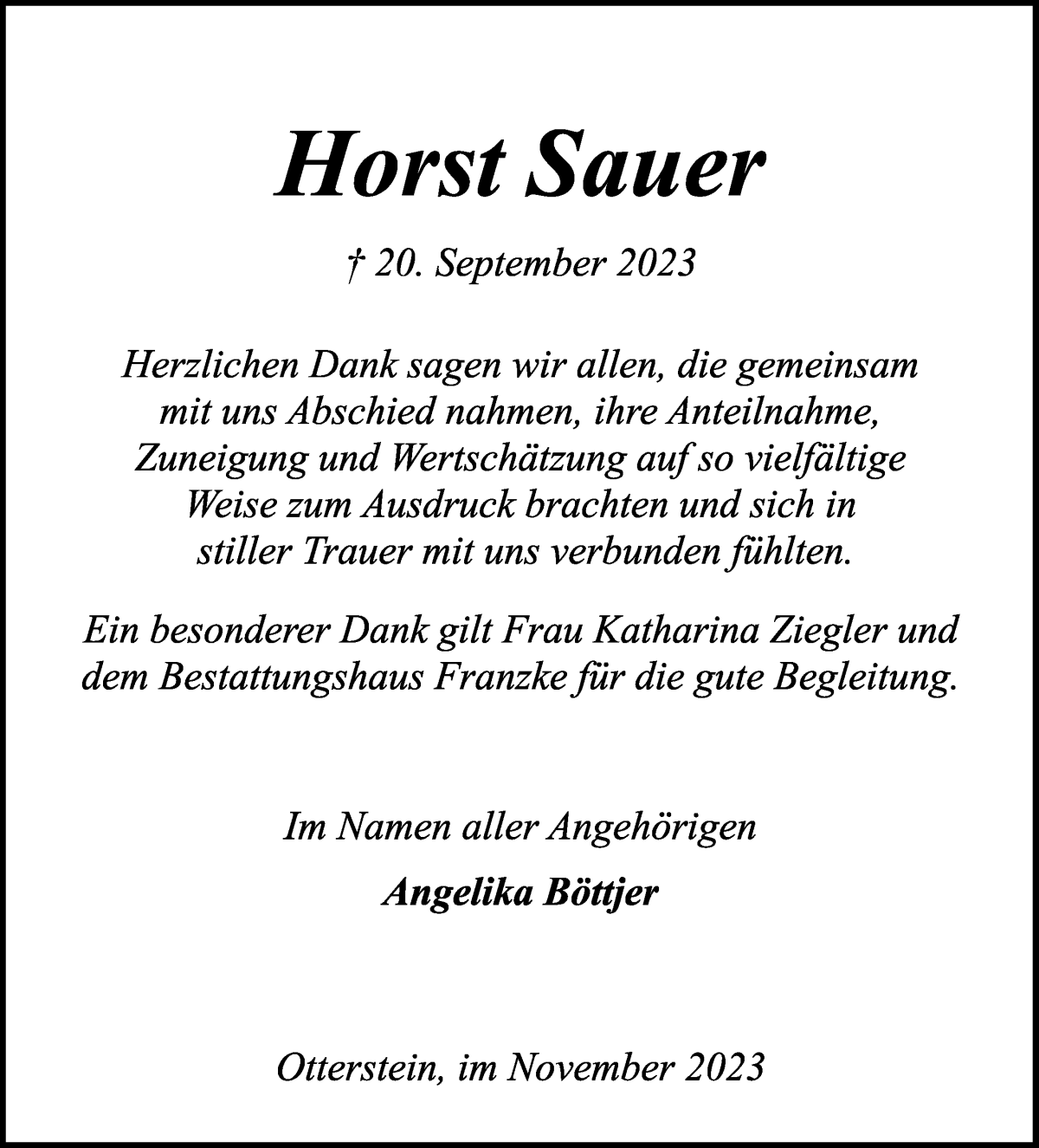 Traueranzeige von Horst Sauer von Wuemme Zeitung