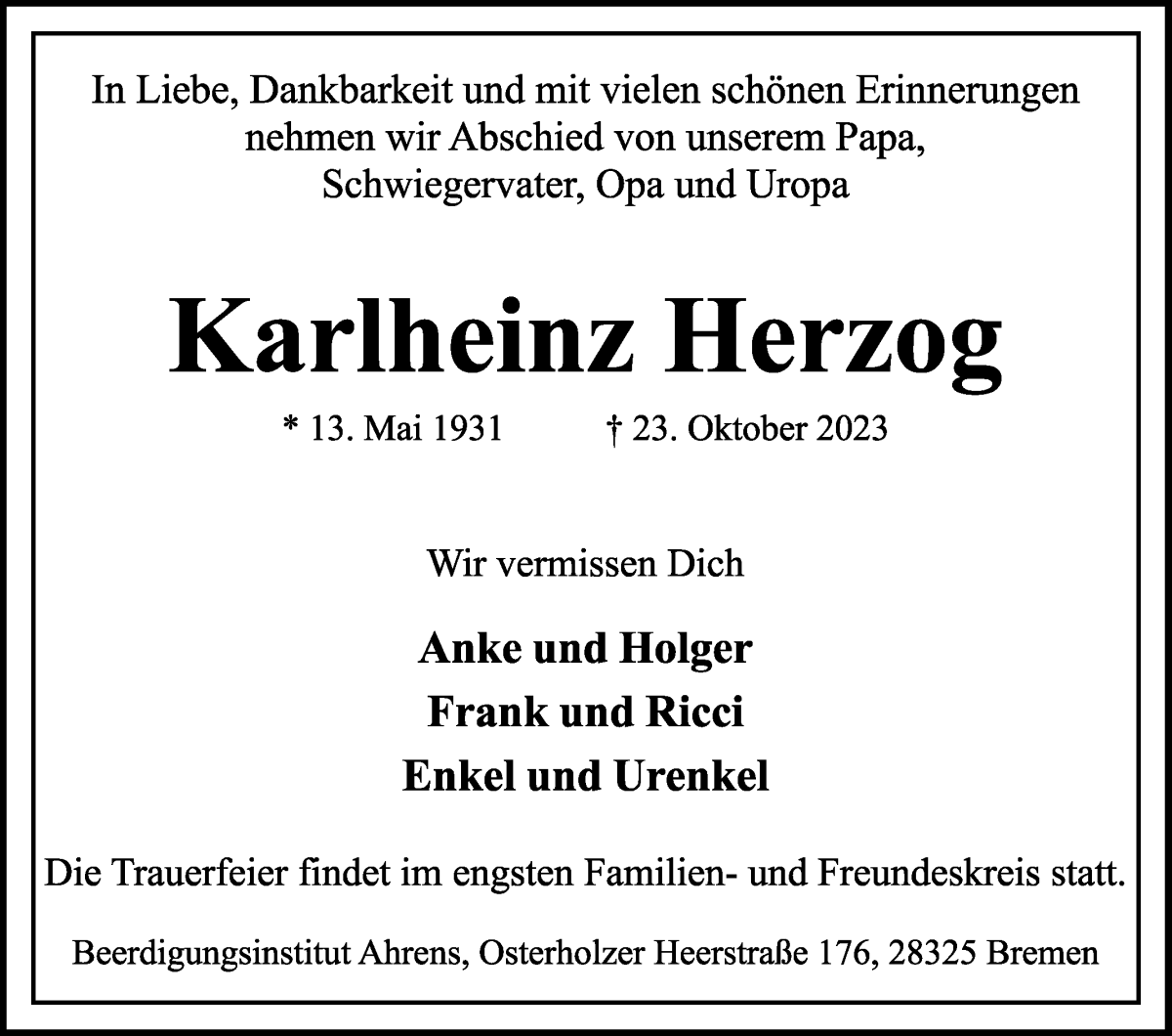 Traueranzeigen Von Karlheinz Herzog Trauer Gedenken