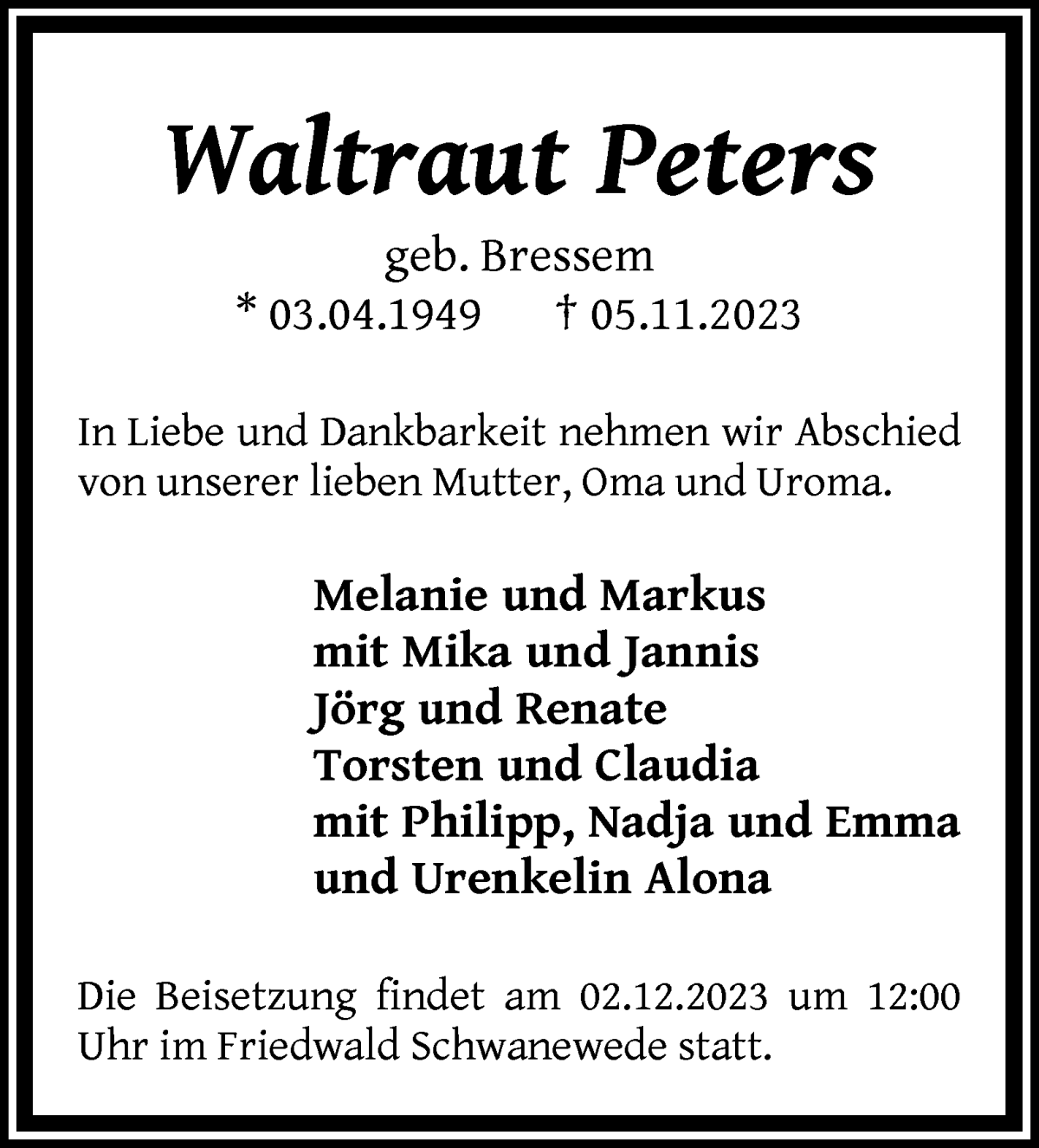 Traueranzeigen Von Waltraut Peters Trauer Gedenken