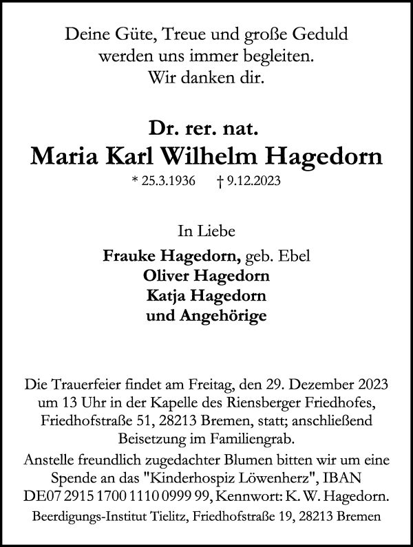 Traueranzeige von Dr. rer. nat. Maria Karl Wilhelm Hagedorn