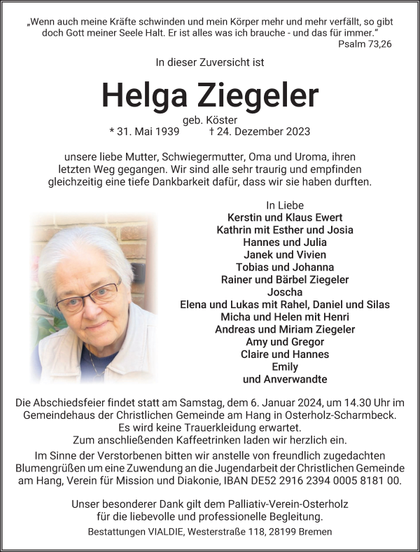 Traueranzeigen Von Helga Ziegeler Trauer Gedenken