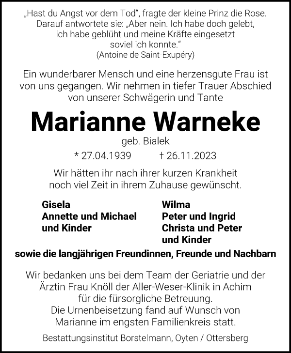 Traueranzeigen Von Marianne Warneke Trauer Gedenken