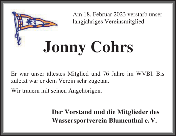 Traueranzeigen Von Jonny Cohrs Trauer Gedenken