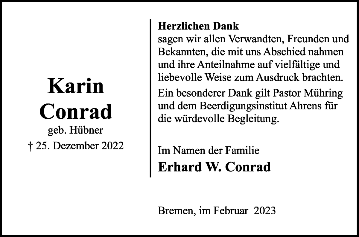 Traueranzeigen Von Karin Conrad Trauer Gedenken