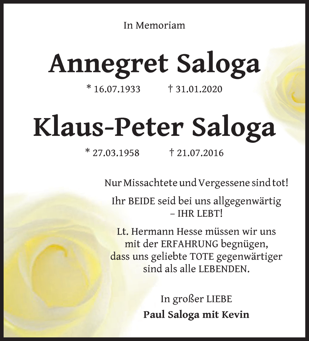 Traueranzeige von Annegret und Klaus-Peter Saloga von WESER-KURIER
