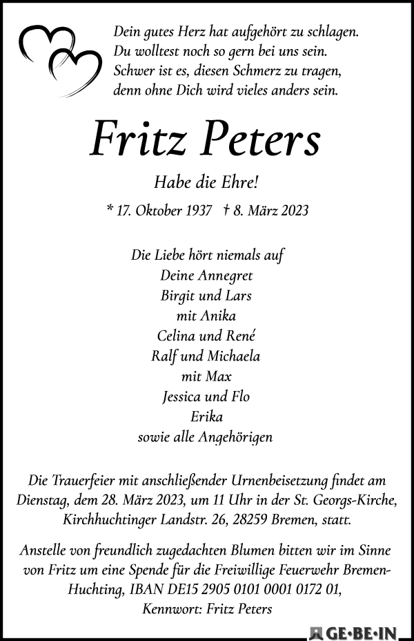 Traueranzeigen Von Fritz Peters Trauer Gedenken