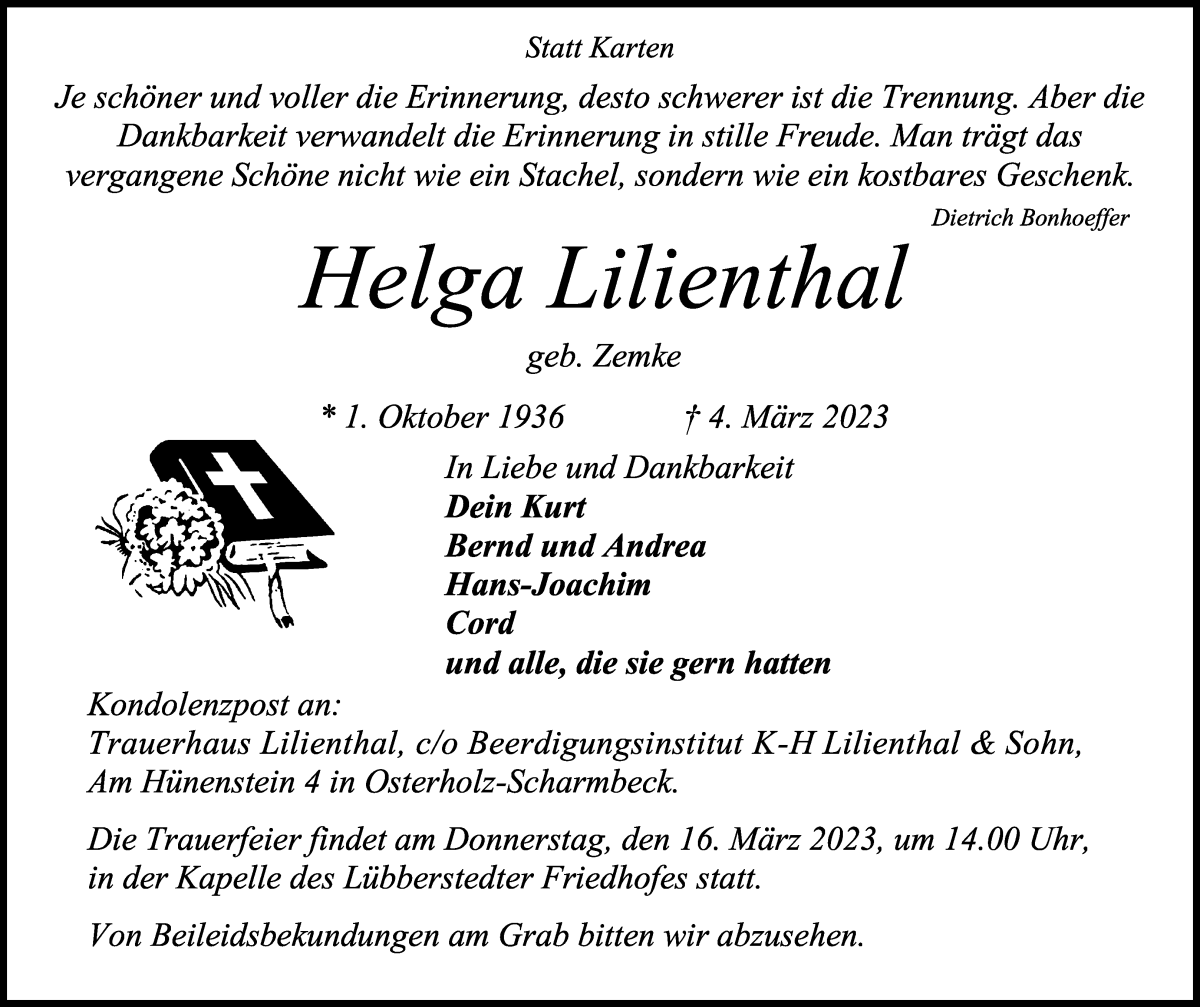 Traueranzeigen Von Helga Lilienthal Trauer Gedenken