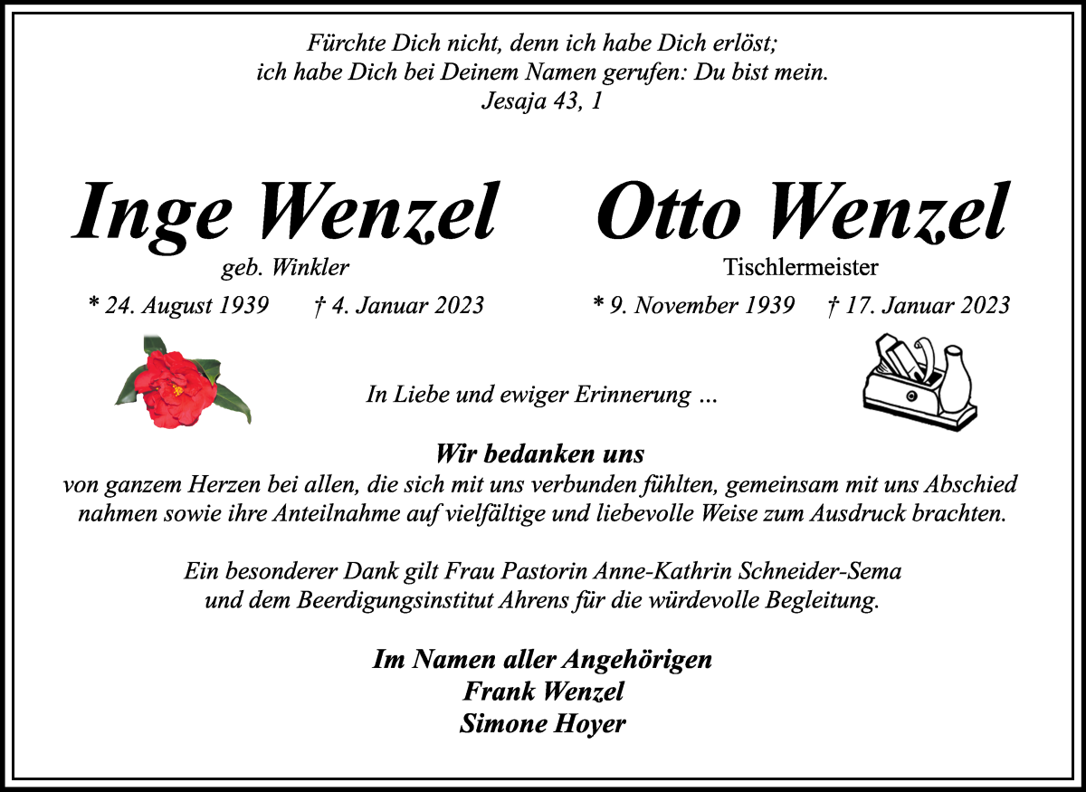 Traueranzeige von Inge und Otto Wenzel von WESER-KURIER