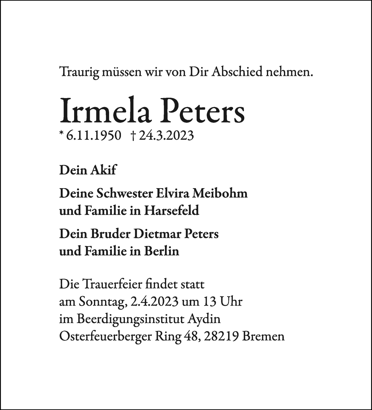 Traueranzeigen Von Irmela Peters Trauer Gedenken