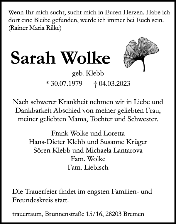 Traueranzeigen Von Sarah Wolke Trauer Gedenken