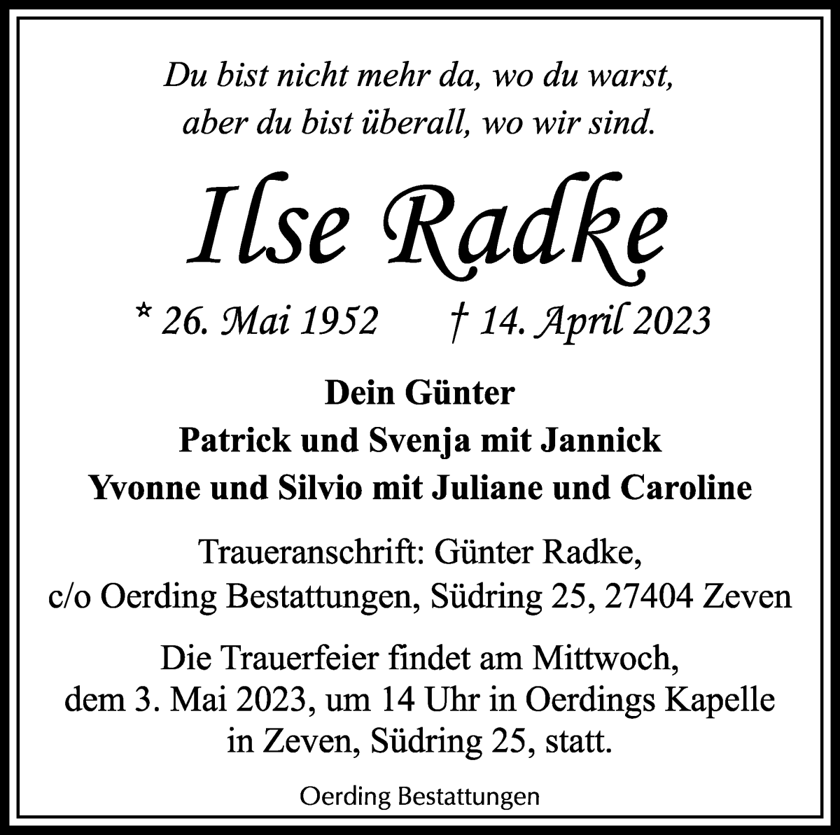 Traueranzeigen Von Ilse Radke Trauer Gedenken