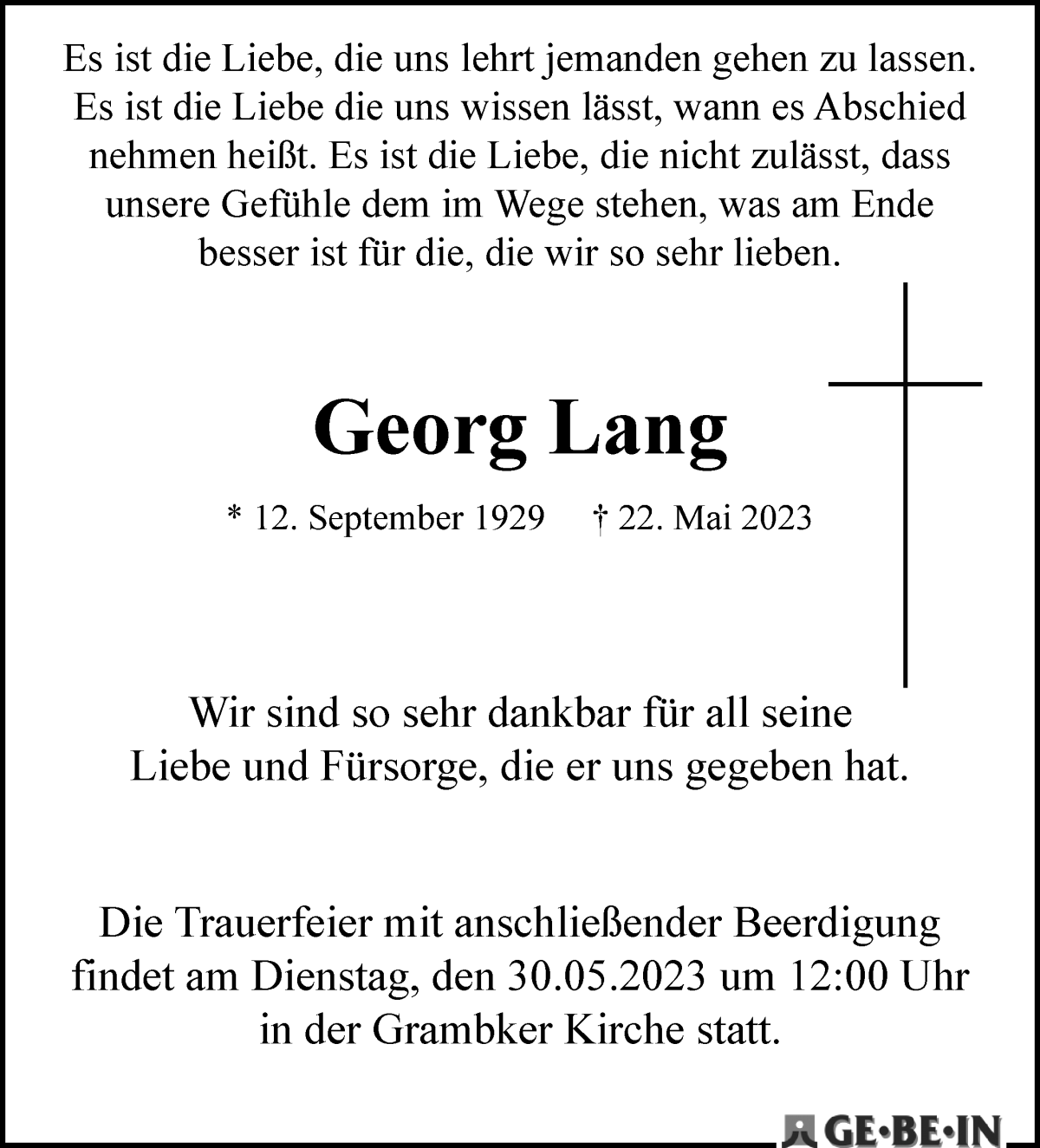 Traueranzeigen Von Georg Lang Trauer Gedenken