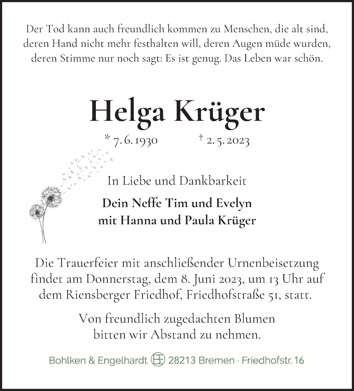 Traueranzeigen Von Helga Kr Ger Trauer Gedenken