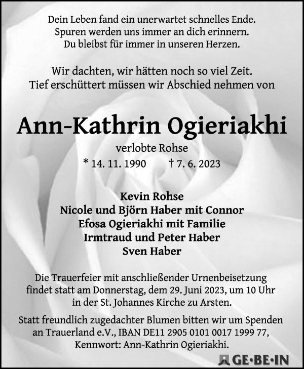 Traueranzeigen Von Ann Kathrin Ogieriakhi Trauer Gedenken