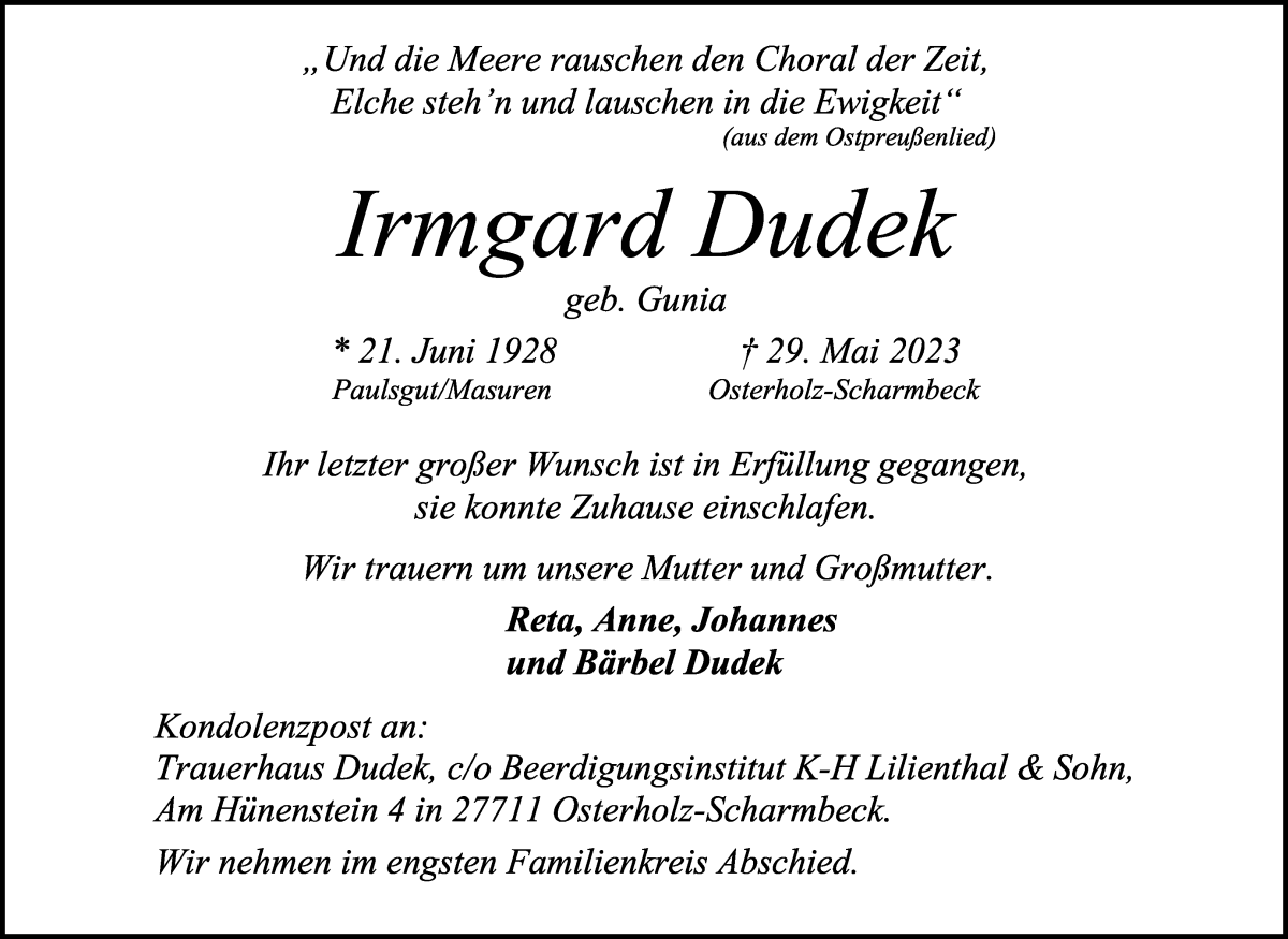 Traueranzeigen Von Irmgard Dudek Trauer Gedenken