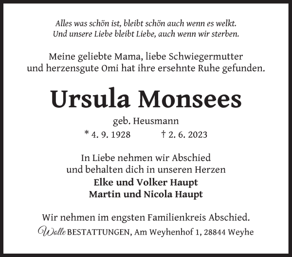 Traueranzeigen Von Ursula Monsees Trauer Gedenken