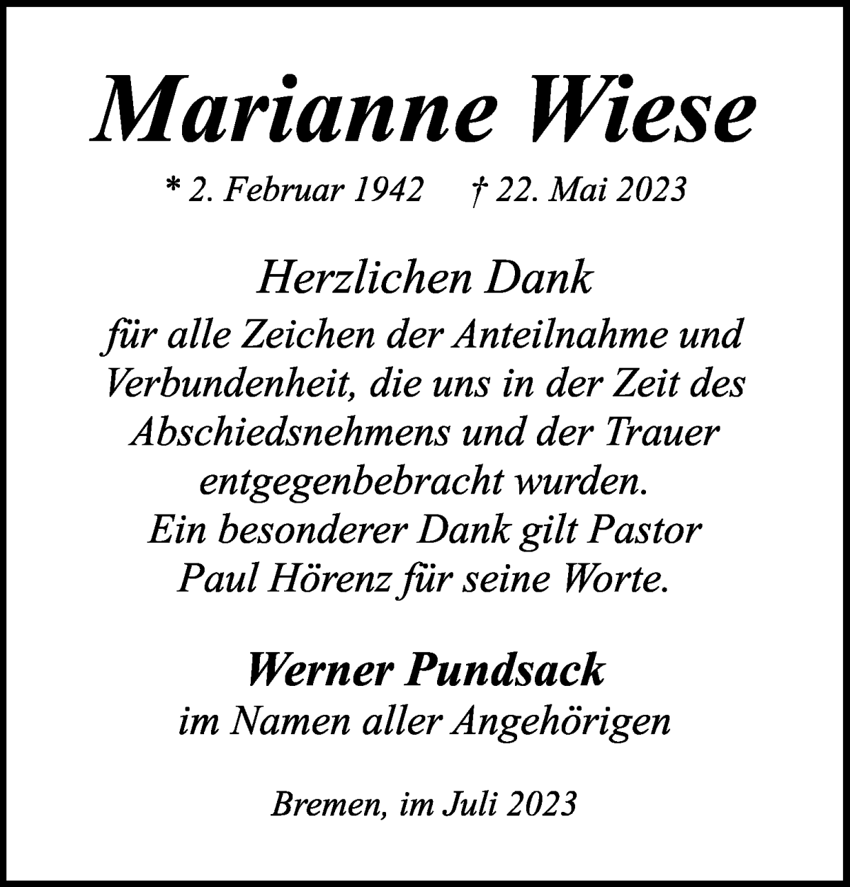 Traueranzeigen Von Marianne Wiese Trauer Gedenken