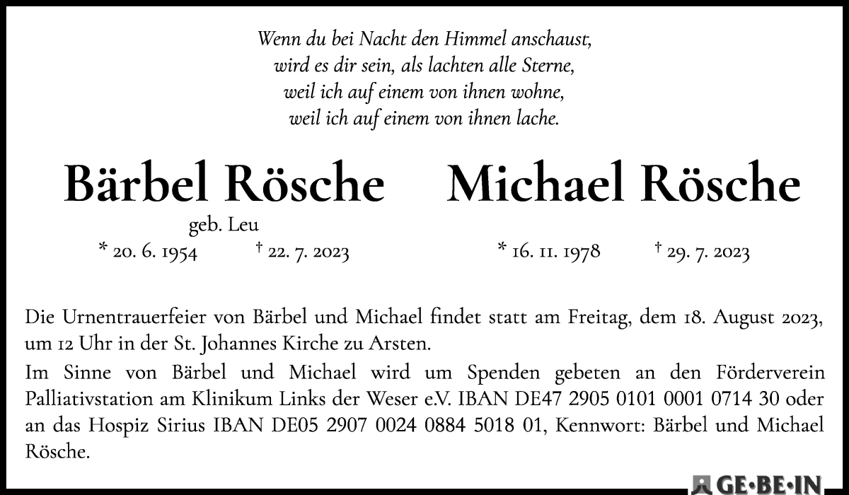 Traueranzeige von Bärbel und Michael Rösche von WESER-KURIER