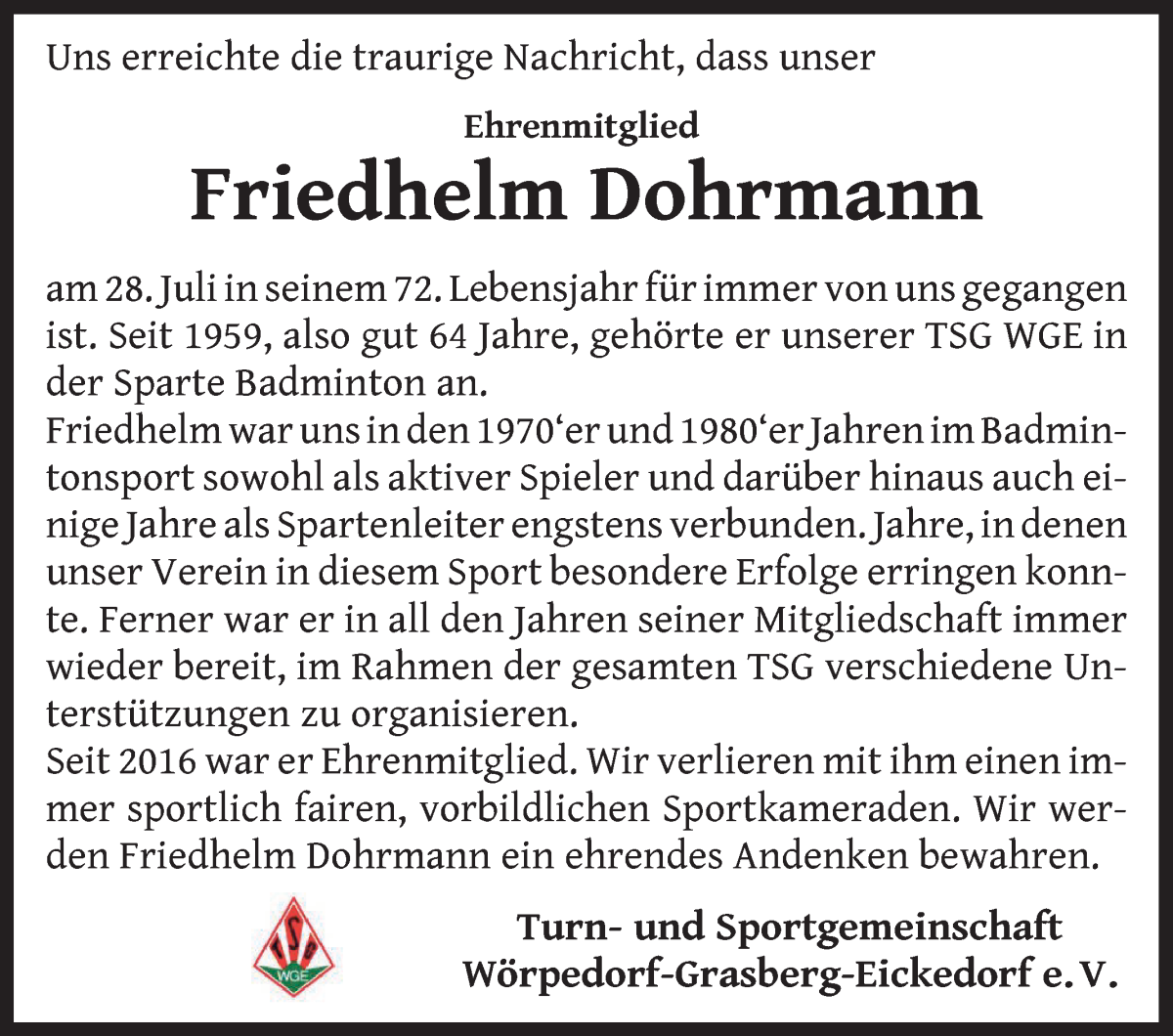 Traueranzeige von Friedhelm Dohrmann von Wuemme Zeitung