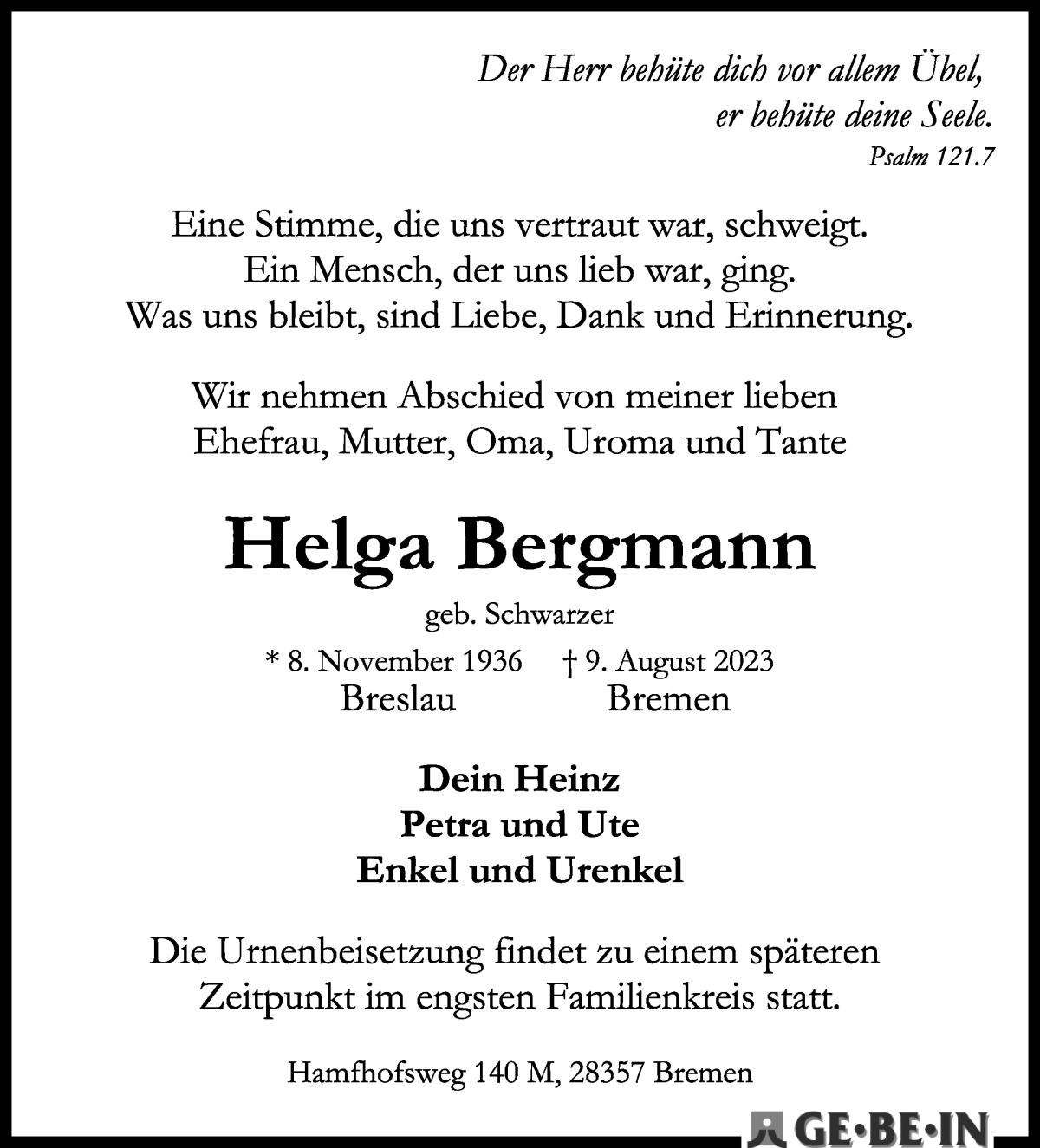 Traueranzeigen Von Helga Bergmann Trauer Gedenken