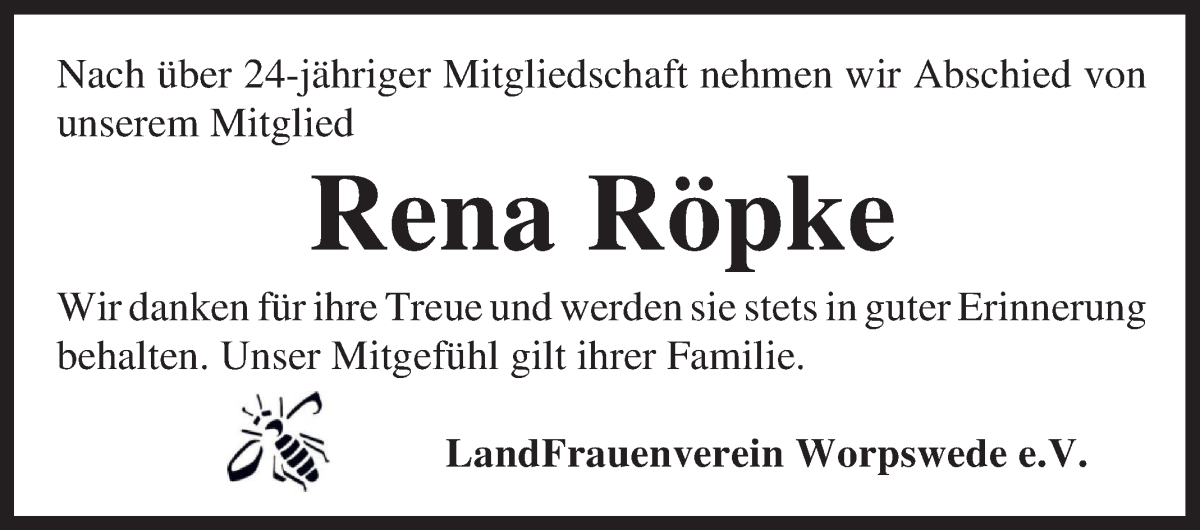 Traueranzeige von Rena Röpke von Wuemme Zeitung