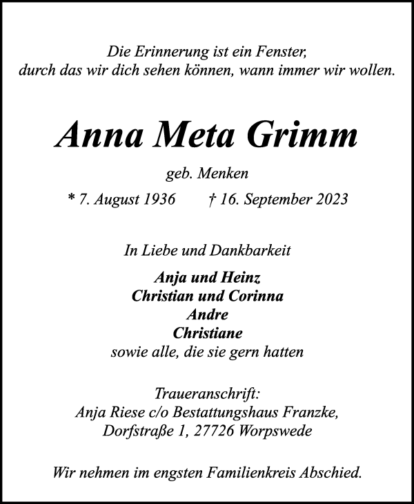 Traueranzeigen Von Anna Meta Grimm Trauer Gedenken