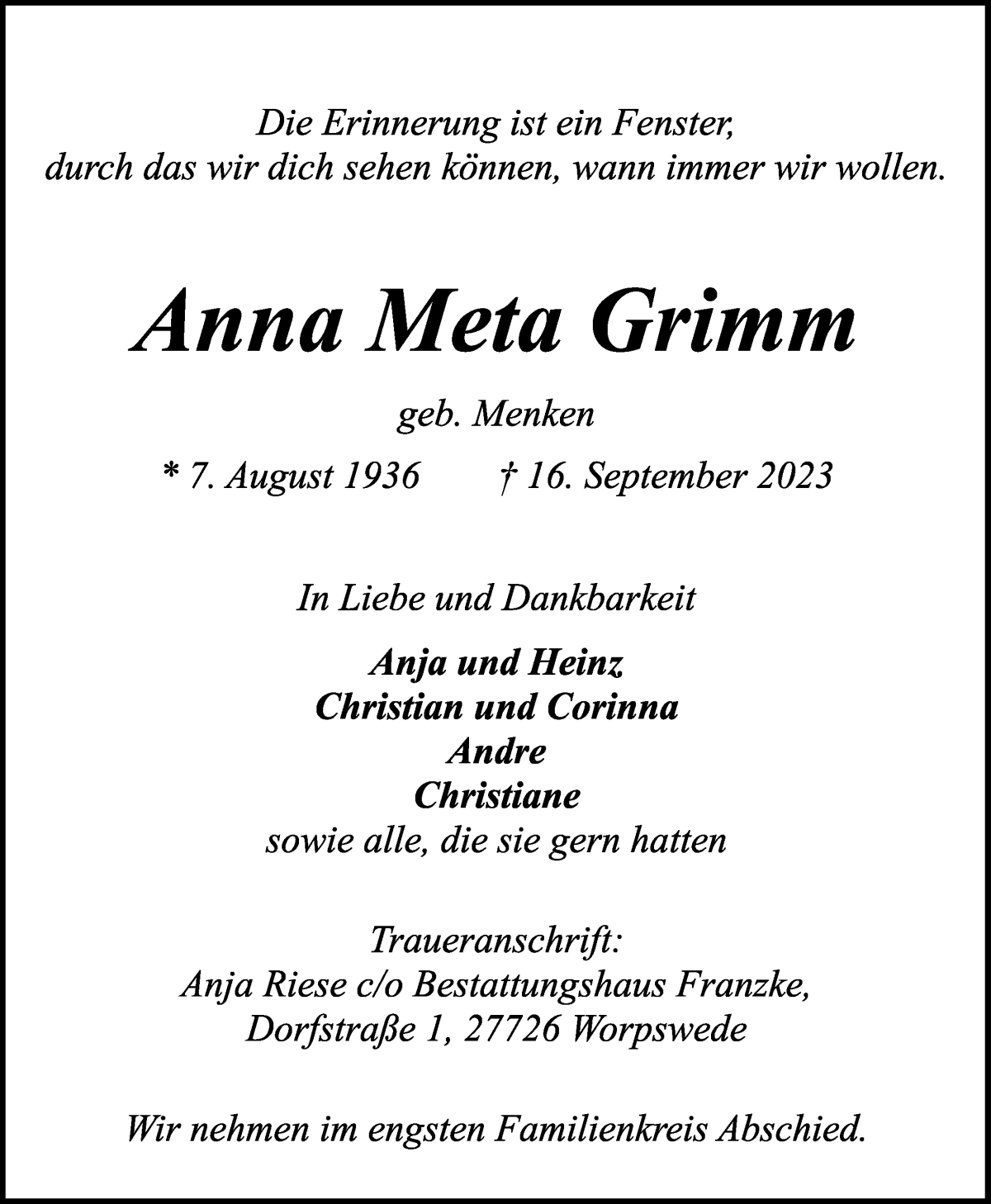 Traueranzeige von Anna Meta Grimm von Wuemme Zeitung