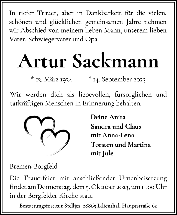 Traueranzeigen Von Artur Sackmann Trauer Gedenken