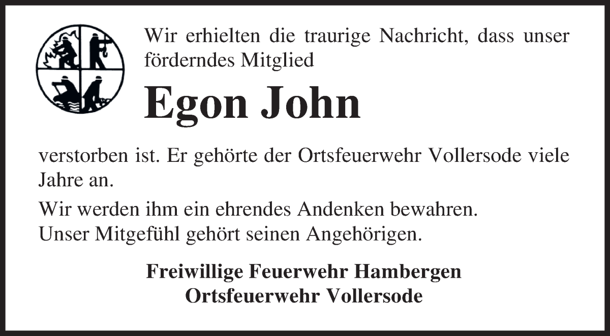 Traueranzeige von Egon John von Osterholzer Kreisblatt