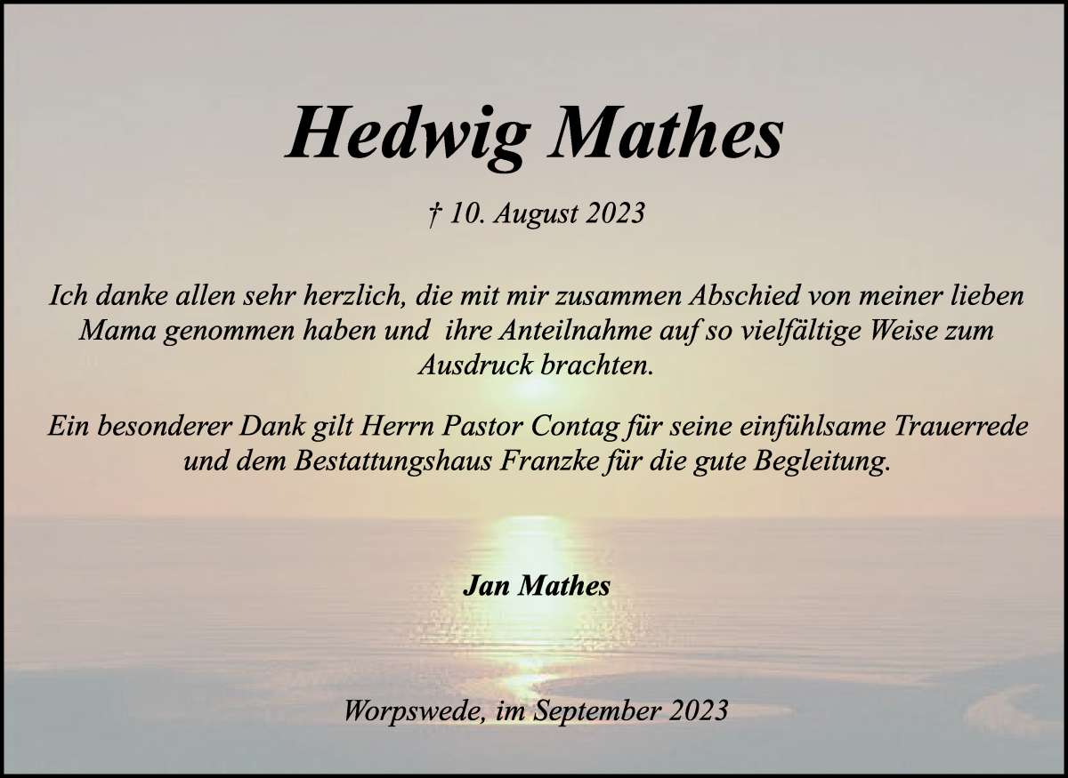 Traueranzeige von Hedwig Mathes von Wuemme Zeitung